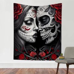 Tenture Murale Tête de Mort Santa Muerte Baiser Éternel des Roses Noires