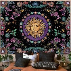 Tenture Murale Bohème "Soleil Enchanté aux Fleurs d'Améthyste"