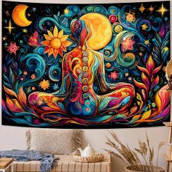 Tenture Murale Hippie Yoga "Éveil des Sept Chakras Cosmiques"