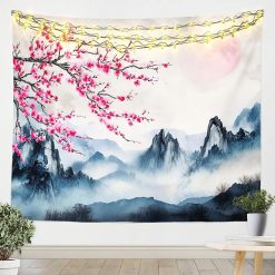 Tenture Murale Japonaise Cerisier en Fleurs sur Montagnes Brumeuses