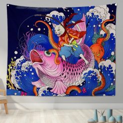 Tenture Murale Japonaise Chat Samouraï Pêcheur sur Carpe Koï Géante