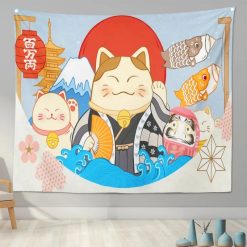 Tenture Murale Japonaise "Chats Maneki-Neko Porte-Bonheur et Symboles Traditionnels"