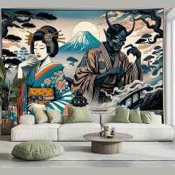 Tenture Murale Japonaise Estampe Geisha et Yokai