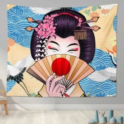 Tenture Murale Japonaise "Geisha au Éventail et Grues Traditionnelles"