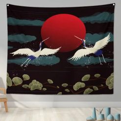 Tenture Murale Japonaise "Grues Mystiques et Lune Rouge sur Fond Noir"