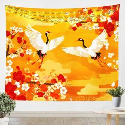 Tenture Murale Japonaise "Grues en Vol et Fleurs de Cerisier sur Fond Doré"