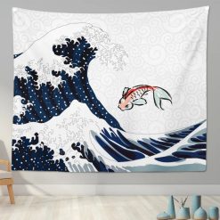 Tenture Murale Japonaise La Grande Vague et Carpe Koï Bondissante
