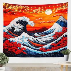 Tenture Murale Japonaise "La Grande Vague et Mont Fuji au Crépuscule Rouge"