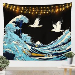Tenture Murale Japonaise La Grande Vague et Mouettes sur Fond Noir