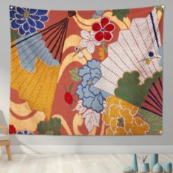 Tenture Murale Japonaise "Motifs de Kimono aux Éventails et Fleurs Multicolores"