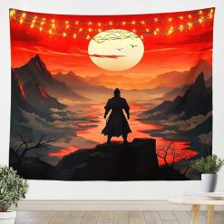 Tenture Murale Japonaise "Samouraï Face au Soleil Couchant Éclatant"