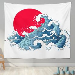 Tenture Murale Japonaise "Vagues Stylisées et Grand Soleil Rouge"