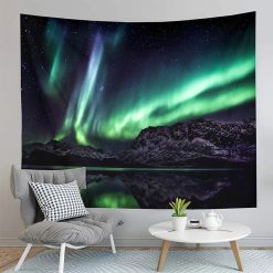 Tenture Murale Nature Aurore Boréale Émeraude sur Massif Rocheux et Lac Miroir