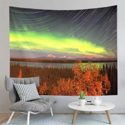 Tenture Murale Nature Aurore Boréale, Filé d'Étoiles et Forêt d'Automne