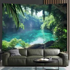 Tenture Murale Nature Lagon Tropical et Grotte de Jungle Luxuriante