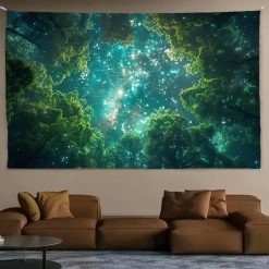 Tenture Murale Nature Voie Lactée Émeraude et Canopée de Forêt Enchantée