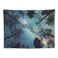 Tenture Murale Nature Voie Lactée Poudrée et Silhouette de Forêt d'Hiver