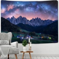 Tenture Murale Nature Voie Lactée sur Village des Dolomites et Pics Rocheux
