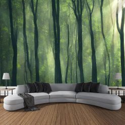 Tenture Murale Paysage "Forêt Brumeuse aux Rayons de Lumière"