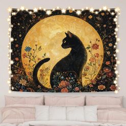Tenture Murale Zen "Chat Noir sous la Pleine Lune"