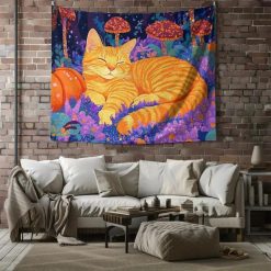 Tenture Murale Animaux Chat Roux Champignons Magiques