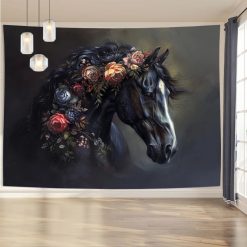 Tenture Murale Animaux « Étalon Noir Couronné de Roses »
