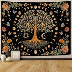 Tenture Murale Arbre de Vie Phases de la Lune Fleurs Papillons