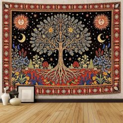 Tenture Murale Arbre de Vie Soleil Lune Étoiles Cadre Rouge