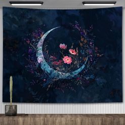 Tenture Murale Bohème Croissant de Lune Argenté et Fleurs Nocturnes Enchantées