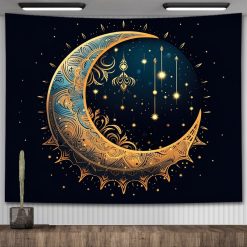 Tenture Murale Bohème Croissant de Lune Doré et Constellations Célestes