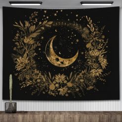 Tenture Murale Bohème Croissant de Lune Doré et Couronne Florale Céleste