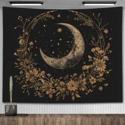 Tenture Murale Bohème Croissant de Lune Doré et Jardin Fleuri Enchanté