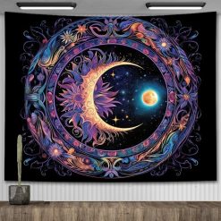 Tenture Murale Bohème Croissant de Lune Solaire et Astre Céleste Cosmique