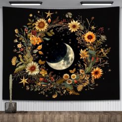 Tenture Murale Bohème Croissant de Lune et Couronne de Tournesols Célestes