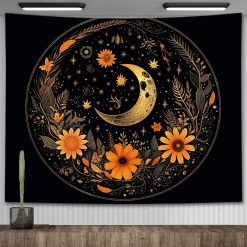 Tenture Murale Bohème Croissant de Lune et Jardin Floral Doré