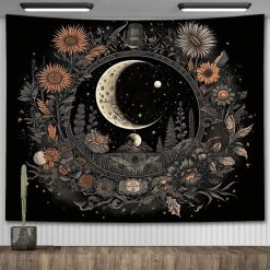 Tenture Murale Bohème Croissant de Lune et Jardin Nocturne aux Tournesols