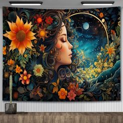 Tenture Murale Bohème Déesse Céleste, Tournesol et Jardin Nocturne