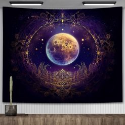 Tenture Murale Bohème Pleine Lune Dorée et Mandala Cosmique Ornemental