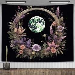 Tenture Murale Bohème Pleine Lune Verte et Couronne Florale Mystique