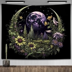 Tenture Murale Bohème Pleine Lune Violette et Jardin Botanique Mystique