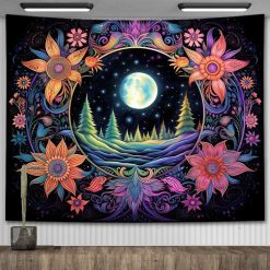 Tenture Murale Bohème Pleine Lune et Forêt Enchantée aux Fleurs Psychédéliques
