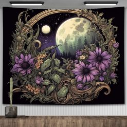 Tenture Murale Bohème Pleine Lune et Jardin Floral Enchanté