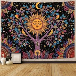 Tenture Murale Hippie Arbre de Vie Soleil Lune Oiseaux