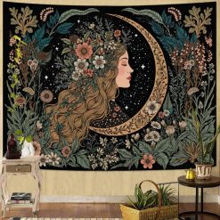 Tenture Murale Hippie Déesse Lunaire et Jardin Fleuri