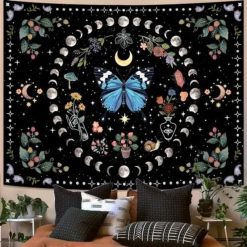 Tenture Murale Hippie Papillon Bleu et Cercle des Phases Lunaires