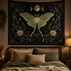 Tenture Murale Hippie Papillon Lunaire Vert et Jardin Mystique