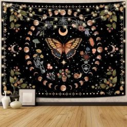 Tenture Murale Hippie Papillon Mystique et Cercle des Phases Lunaires