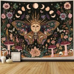 Tenture Murale Hippie Papillon Solaire, Champignons et Phases Lunaires