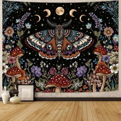 Tenture Murale Hippie Papillon de Nuit, Champignons et Phases Lunaires