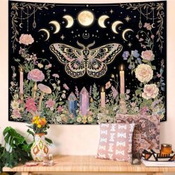 Tenture Murale Hippie Papillon de Nuit, Cristaux et Phases Lunaires